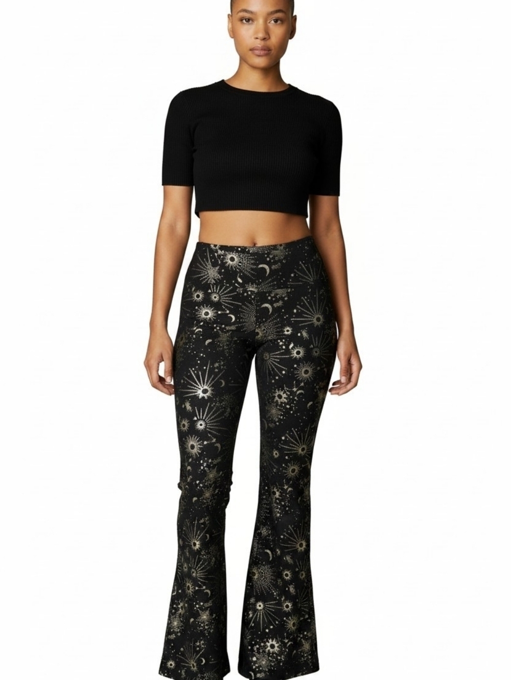 No Boundaries Juniors XXL Flare Pants Celestial Black Silver Foil Print Pull On